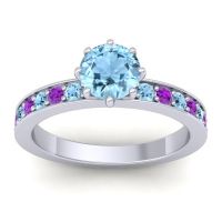 Aquamarine Ring In Platinum With Amethyst Jalika-6 Round Classic Ring