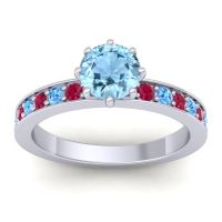 Aquamarine Ring In Platinum With Ruby And Swiss Blue Topaz Jalika-6 Round Classic Ring