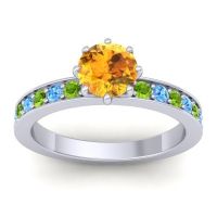 Citrine Ring In Platinum With Peridot And Swiss Blue Topaz Jalika-6 Round Classic Ring