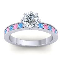 Lab Diamond Ring In Platinum With Swiss Blue Topaz And Pink Tourmaline Jalika-6 Round Classic Ring