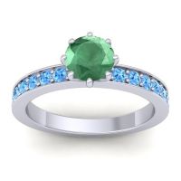 Emerald Ring In 14k White Gold With Swiss Blue Topaz Jalika-6 Round Classic Ring