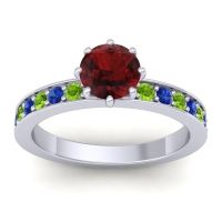 Garnet Ring In 18k White Gold With Peridot And Blue Sapphire Jalika-6 Round Classic Ring
