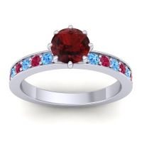 Garnet Ring In 18k White Gold With Swiss Blue Topaz And Ruby Jalika-6 Round Classic Ring