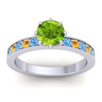 Peridot Ring In Platinum With Swiss Blue Topaz And Citrine Jalika-6 Round Classic Ring