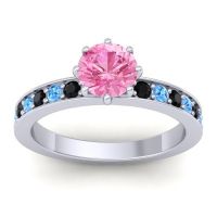 Pink Tourmaline Ring In 14k White Gold With Black Onyx And Swiss Blue Topaz Jalika-6 Round Classic Ring