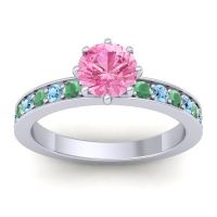 Pink Tourmaline Ring In Platinum With Emerald And Aquamarine Jalika-6 Round Classic Ring