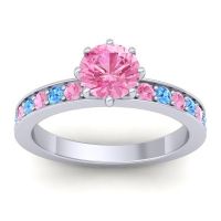 Pink Tourmaline Ring In 14k White Gold With Swiss Blue Topaz Jalika-6 Round Classic Ring
