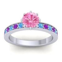 Pink Tourmaline Ring In 14k White Gold With Swiss Blue Topaz And Amethyst Jalika-6 Round Classic Ring