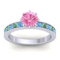 Pink Tourmaline Ring In Palladium With Swiss Blue Topaz And Emerald Jalika-6 Round Classic Ring