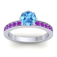 Swiss Blue Topaz Ring In 18k White Gold With Amethyst Jalika-6 Round Classic Ring