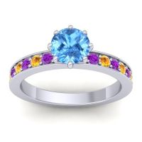 Swiss Blue Topaz Ring In 18k White Gold With Amethyst And Citrine Jalika-6 Round Classic Ring