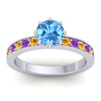 Swiss Blue Topaz Ring In 18k White Gold With Citrine And Amethyst Jalika-6 Round Classic Ring