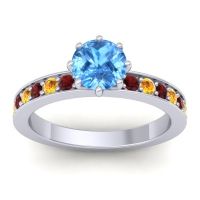 Swiss Blue Topaz Ring In Platinum With Garnet And Citrine Jalika-6 Round Classic Ring