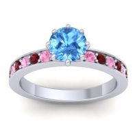 Swiss Blue Topaz Ring In 18k White Gold With Pink Tourmaline And Garnet Jalika-6 Round Classic Ring