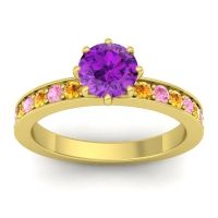 Amethyst Ring In 18k Yellow Gold With Citrine And Pink Tourmaline Jalika-6 Round Classic Ring