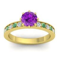 Amethyst Ring In 14k Yellow Gold With Lab Diamond And Emerald Jalika-6 Round Classic Ring