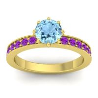 Aquamarine Ring In 18k Yellow Gold With Amethyst Jalika-6 Round Classic Ring