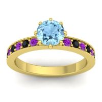 Aquamarine Ring In 18k Yellow Gold With Amethyst And Black Onyx Jalika-6 Round Classic Ring