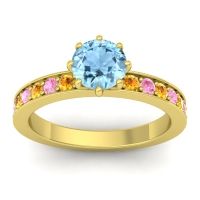 Aquamarine Ring In 18k Yellow Gold With Citrine And Pink Tourmaline Jalika-6 Round Classic Ring