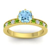 Aquamarine Ring In 18k Yellow Gold With Peridot And Lab Diamond Jalika-6 Round Classic Ring