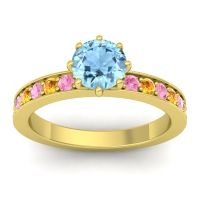 Aquamarine Ring In 14k Yellow Gold With Pink Tourmaline And Citrine Jalika-6 Round Classic Ring