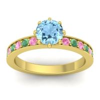 Aquamarine Ring In 14k Yellow Gold With Pink Tourmaline And Emerald Jalika-6 Round Classic Ring
