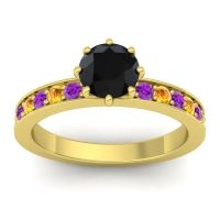 Black Onyx Ring In 18k Yellow Gold With Amethyst And Citrine Jalika-6 Round Classic Ring
