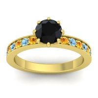 Black Onyx Ring In 18k Yellow Gold With Citrine And Aquamarine Jalika-6 Round Classic Ring
