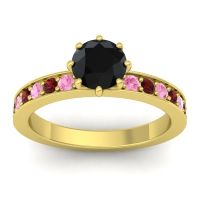 Black Onyx Ring In 18k Yellow Gold With Pink Tourmaline And Garnet Jalika-6 Round Classic Ring