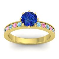 Lab Blue Sapphire Ring In 14k Yellow Gold With Aquamarine And Pink Tourmaline Jalika-6 Round Classic Ring