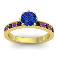 Lab Blue Sapphire Ring In 14k Yellow Gold With Black Onyx And Amethyst Jalika-6 Round Classic Ring