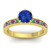Lab Blue Sapphire Ring In 18k Yellow Gold With Emerald And Amethyst Jalika-6 Round Classic Ring