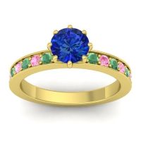 Lab Blue Sapphire Ring In 14k Yellow Gold With Emerald And Pink Tourmaline Jalika-6 Round Classic Ring
