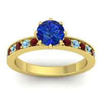 Blue Sapphire Ring In 14k Yellow Gold With Garnet And Aquamarine Jalika-6 Round Classic Ring