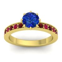 Lab Blue Sapphire Ring In 14k Yellow Gold With Garnet And Ruby Jalika-6 Round Classic Ring