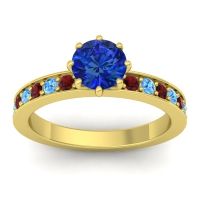 Lab Blue Sapphire Ring In 14k Yellow Gold With Garnet And Swiss Blue Topaz Jalika-6 Round Classic Ring