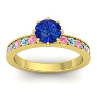 Lab Blue Sapphire Ring In 18k Yellow Gold With Pink Tourmaline And Aquamarine Jalika-6 Round Classic Ring