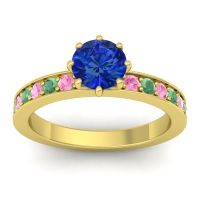 Lab Blue Sapphire Ring In 14k Yellow Gold With Pink Tourmaline And Emerald Jalika-6 Round Classic Ring