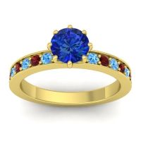 Lab Blue Sapphire Ring In 18k Yellow Gold With Swiss Blue Topaz And Garnet Jalika-6 Round Classic Ring