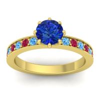 Lab Blue Sapphire Ring In 14k Yellow Gold With Swiss Blue Topaz And Ruby Jalika-6 Round Classic Ring