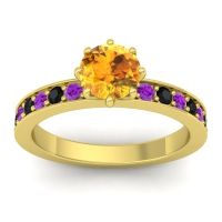 Citrine Ring In 18k Yellow Gold With Amethyst And Black Onyx Jalika-6 Round Classic Ring