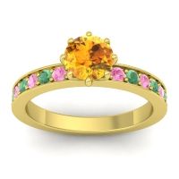 Citrine Ring In 14k Yellow Gold With Pink Tourmaline And Emerald Jalika-6 Round Classic Ring