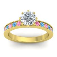 Lab Diamond Ring In 14k Yellow Gold With Pink Tourmaline And Swiss Blue Topaz Jalika-6 Round Classic Ring