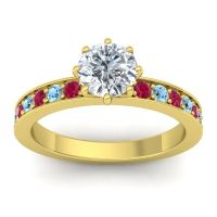 Lab Diamond Ring In 14k Yellow Gold With Ruby And Aquamarine Jalika-6 Round Classic Ring