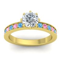 Lab Diamond Ring In 18k Yellow Gold With Swiss Blue Topaz And Pink Tourmaline Jalika-6 Round Classic Ring