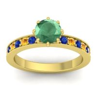 Emerald Ring In 18k Yellow Gold With Blue Sapphire And Citrine Jalika-6 Round Classic Ring