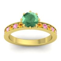 Emerald Ring In 14k Yellow Gold With Citrine And Pink Tourmaline Jalika-6 Round Classic Ring