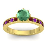 Lab Emerald Ring In 18k Yellow Gold With Garnet And Amethyst Jalika-6 Round Classic Ring
