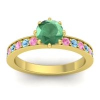 Emerald Ring In 14k Yellow Gold With Pink Tourmaline And Aquamarine Jalika-6 Round Classic Ring