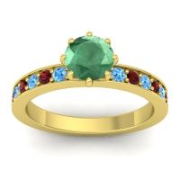 Emerald Ring In 14k Yellow Gold With Swiss Blue Topaz And Garnet Jalika-6 Round Classic Ring